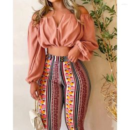 Women's Two Piece Pants Fashion Women Off Shoulder Long Sleeve Ruched Crop Top Tribal Print Set Summer Holiday Suit