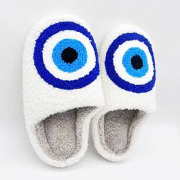 Slippers YvvCvv Cartoon Blue Eye Fluffy Fur Slippers Women Warm Closed Toe Cute Plush Cotton Slippers 2023 Home Soft Winter Indoor Shoes Z0215