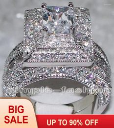 Wedding Rings Fashion Jewelry 2-in-1 Engagement Handmade Gem 5A Zircon Stone 14KT White Gold Filled Band Ring Set Sz 5-11