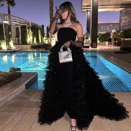 Black Sheath Prom Dresses with Ruffles Train Strapless Feather Met Gala Evening Gown Tiered Overskirt Robe De Soiree
