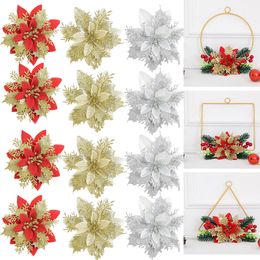 Decorative Flowers Wreaths 10Pcs Christmas Glitter Artificial Flowers Red Gold Xmas Tree Ornaments Big Flower Heads For Home Year Navidad Party Decor 230221