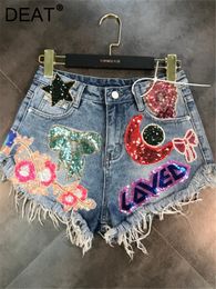 Women's Shorts DEAT 2023 Arrivals Moon Stars Sequins Embroidery Tassel Patch Raw Denim Female Fashion Temperament Women ME670 230222