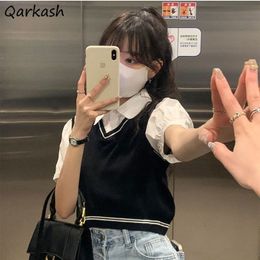 Women's Knits Tees Short Sleeve T shirt Retro Slim Fake 2 Pieces Tender Teens Preppy Korean Style Fashion Summer Lovely 230222