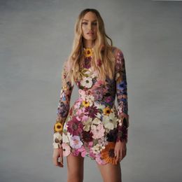 Party Dresses Modern Floral Mini Cocktail With Flower Full Sleeve Short Women Prom Sheer Colourful 230222