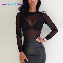 Women's T-Shirt Sexy Women T Shirt See Through Transparent Mesh Tops Long Sleeve Sheer Slim Ladies Turtleneck T-Shirt 022223H