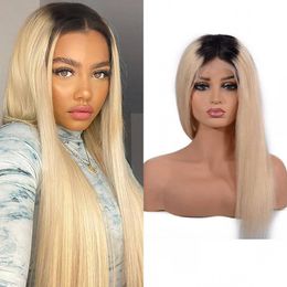 T1b/613 Lace Front Wig Pre Plucked Ombre Colour Peruvian Straight Dark Roots Blonde Human Hair Wigs With Baby Hair