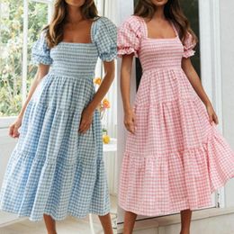 Casual Dresses Women Dress Plaid Print Lady Puffy Sleeve Square Collar High Waist Summer Swing For Party