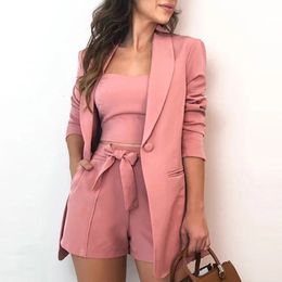 Zweiteiliges Kleid Mode Sets Frauen Blazer Sexy Slash Neck Büro Langarm Anzug MantelRock Set Rosa Kleidung 230222