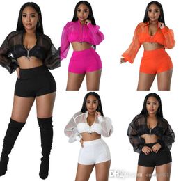 Women New Tracksuits Sexy Long Sleeve Zipper Sheer Organza Crop Top And Solid Colour Shorts Elegant Two Piece Set