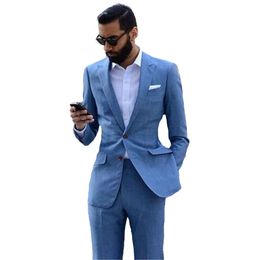 Men's Suits Blazers Tailor Made Light Blue 2piecesJacketPantsTie Slim Fit Groom Prom Tuxedo Summer Style Blazer For 230222