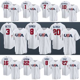 22 Clayton Kershaw USA Baseball White 2023 World Baseball Player Jersey Mookie Betts Will Smith Adam Wainwright Trea Turner Mike Trout J.T. Realmuto Kyle Tucker Menz1