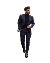 Men's Suits & Blazers Wedding Tuxedos High Quality Navy Blue Notch Lapel 2 Buttons Mens Groom Formal Slim Fit Prom Party Wear(Jacket Pants)