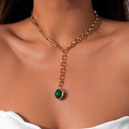 Pendant Necklaces Fashion Green Natural Stone For Women Men Ethnic Asymmetrical Metal Rings Chain Necklace Jewellery Accessories Z