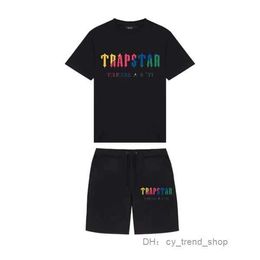 Summer New Trapstar London Shooter Short-sleeved t Shirt Suit Chenille Decoding Black Ice Flavour 2.0 Men's Round Neck T-shirt Shorts 18