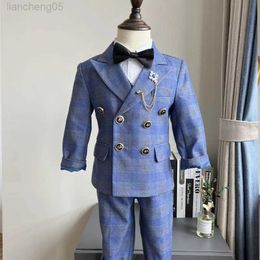 Clothing Sets Children's Wedding Host Performance Party Dress Suit Set Autumn Winter Boys Plaid Blazer Vest Pants Clothes Kids Formal Come W0222