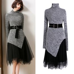 Two Piece Dress With Belt Women's Skirts Suits Knit Stand Neck Long Irregular Sweaters Tops And Spliced Velvet Skirt Set NS988 230222