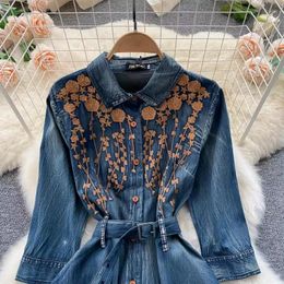 Casual Dresses Harajuku Women Denim Dress Retro Embroidery A Line Belt High-end Ladies Elegant Long Single Breasted Jeans