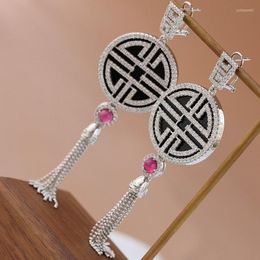 Dangle Earrings Authentic 925 Sterling Silver Inlaid Natural Black Agate Circular Shaped Tassel Lady Ethnic Style Charm Jewellery Gift