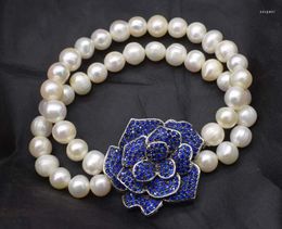 Bangle 2rows Freshwater Pearl Near Round 8-9mm Blue Zircon Flower Bracelet 7.5inch Wholesale Beads FPPJ Nature