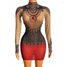 Stage Wear Sparkly Black Red Rhinestones Transparent Short Dress Prom Club Party Outfit Evening Birthday Celebrate Long Sleeves Show