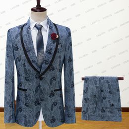 Men's Suits Blazers 2023 TailorMade Men Blue Denim Jacquard Wedding Tuxedo With Velvet Shawl Lapel 2 Pieces Male Fashion Business Dress 230222