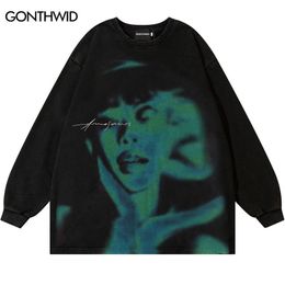 Mens Hoodies Sweatshirts Vintage Ripped Sweatshirt Hip Hop Shadow Graphic Print Punk Goth Hoodie Streetwear Men Harajuku Fashion Long Sleeve Street Wear 230222