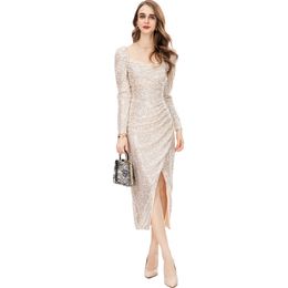 Women's Runway Dresses Sweetheart Sequined Long Sleeves Sexy Split Fashion Designer Prom Gown