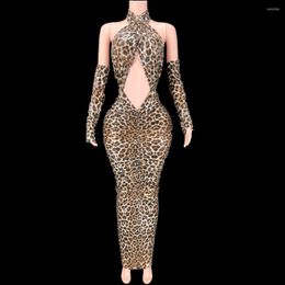 Stage Wear Sequins Leopard Print Bodycon Backless Long Dress Sexy Evening Prom Gown Birthday Nightclub Outfit Show