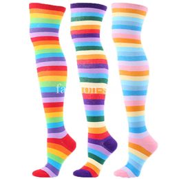 5PC Socks Hosiery Compression Socks Rainbow Colour Stripe Women Long Stockings Thigh High Cute Kawaii Cotton Knit Over Knee High Socks Warmers Sock Z0221