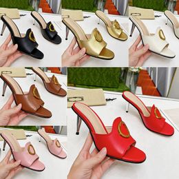 2023 Designer pure Colour Square toe Slides slippers G family Womens fashion Luxury leather Metal buckle outdoor High heel Sandals ladys sexy Stiletto heel shoes