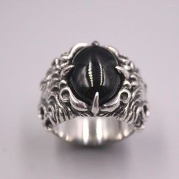 Cluster Rings S925 Sterling Silver Ring Women Men Luck Lion Pattern Black Agate 21mmW US8 / Gift