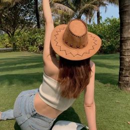 Summer Travel Beach Hats Sunscreen Suede Leather Western Cowboy Hat Men Women Kids Big Wide Brim Sun Jazz Cosplay Cap