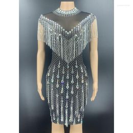 Stage Wear Sparkly Crystals Fringes See Through Short Dress Women Birthday Party Prom Event Rhinestones Chain Sleeveless
