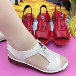 Sandals Women Soft Pu Leather Summer Shoes For Elegant Zipper Flat Sandalias Mujer Non-slip Footwear Ladies