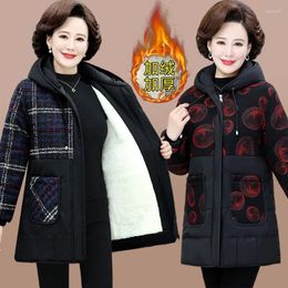 Women's Trench Coats Mother Padded Jacket Velvet Thicke Hooded Winter Coat Middle-Aged Elderly Women Parkas Warm Plaid Cotton Clothes Female