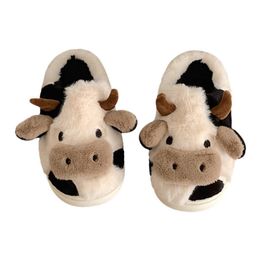 Slippers Soft Indoor Slippers For Children Kids Winter Home Bedroom Shoes With Faux Fur Cute Cow Fluffy House Slippers Kawaii Shoes Woman Z0215