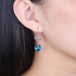 Dangle Earrings S925 Sterling Silver Double Heart Sparkling Blue Crystal Drop For Women 925 Jewellery