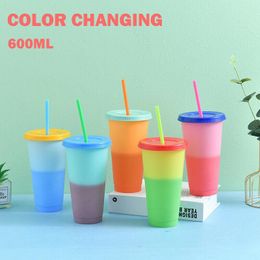 Disposable Dinnerware 1Pcs 6 Colour Reusable Water Bottles With Straws Lid Changing Cold Cups Magic Tumbler Eco-Friendly