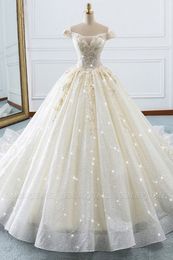 Designer deslumbrante Vestidos de noiva de tule de lantejoulas elegantes Apliques de miçangas com espartilho Vestidos de noiva longos de luxo BC15252