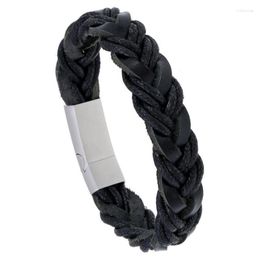 Bangle Fashion Men Black Leather Stainless Steel Magnetic Clasp Charm Wristbands Vintage Braided Wrap Punk Jewelry