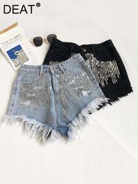 Women's Shorts DEAT Fashion Versatile Embroidery Sequins Tassel Burrs Irregular Denim Loose Wide Leg Pants 2023 Summer 11P01381 230222