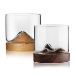 Wine Glasses Transparent Mountain Whiskey with Wooden Base Creative Heat Resistant Beer Water Tea Cup Set Bar Drinkware 230221