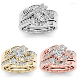 Wedding Rings Princess 3Pcs Set Charm Yellow Gold Ring Anniversary Gift Engagement Bridal Jewellery For Women