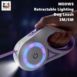 Dog Collars Leashes MEOWS Retractable Dog Leash 3m5m Length Automatic LED Lighting Flash Touch Light Lead Large Pet Outdoor Designed Leash 230221