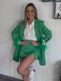 Two Piece Dress Stylish Green Solid Women Straight Blazer Jacket Pockets Single Breasted Fashion Split Mini Skirt Office Ladt Casual Streetwear 230222