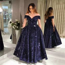 Sparkly Dark Navy blue Long Evening Dresses v neck 2023 Off Shoulder Lace Up Sequined Formal Women Gowns Party Robe De Soiree