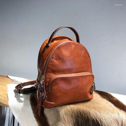 School Bags Handmade Cowhide Casual Vintage Leather Women Bag Small Backpack Vegetable Tanned Top Layer For