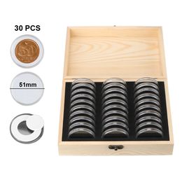 Food Savers Storage Containers Coins Box 20 30 50 100PCS Adjustable Antioxidative Wooden Commemorative Coin Collection Case with Adjustment Pad 230221