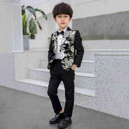 Clothing Sets Bunga Anak Laki-laki Wedding Gaun Set Musim Gugur Anak Bordir Blazer Celana Kemeja Dasi Kupu-kupu Pakaian Anak Tuan Rumah Pesta Kom W0222