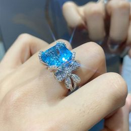 Women wedding Rings girls romantic sky blue artificial crystal zircon diamond bowknot white gold plated platinum ring party jewelry birthday gift adjustable